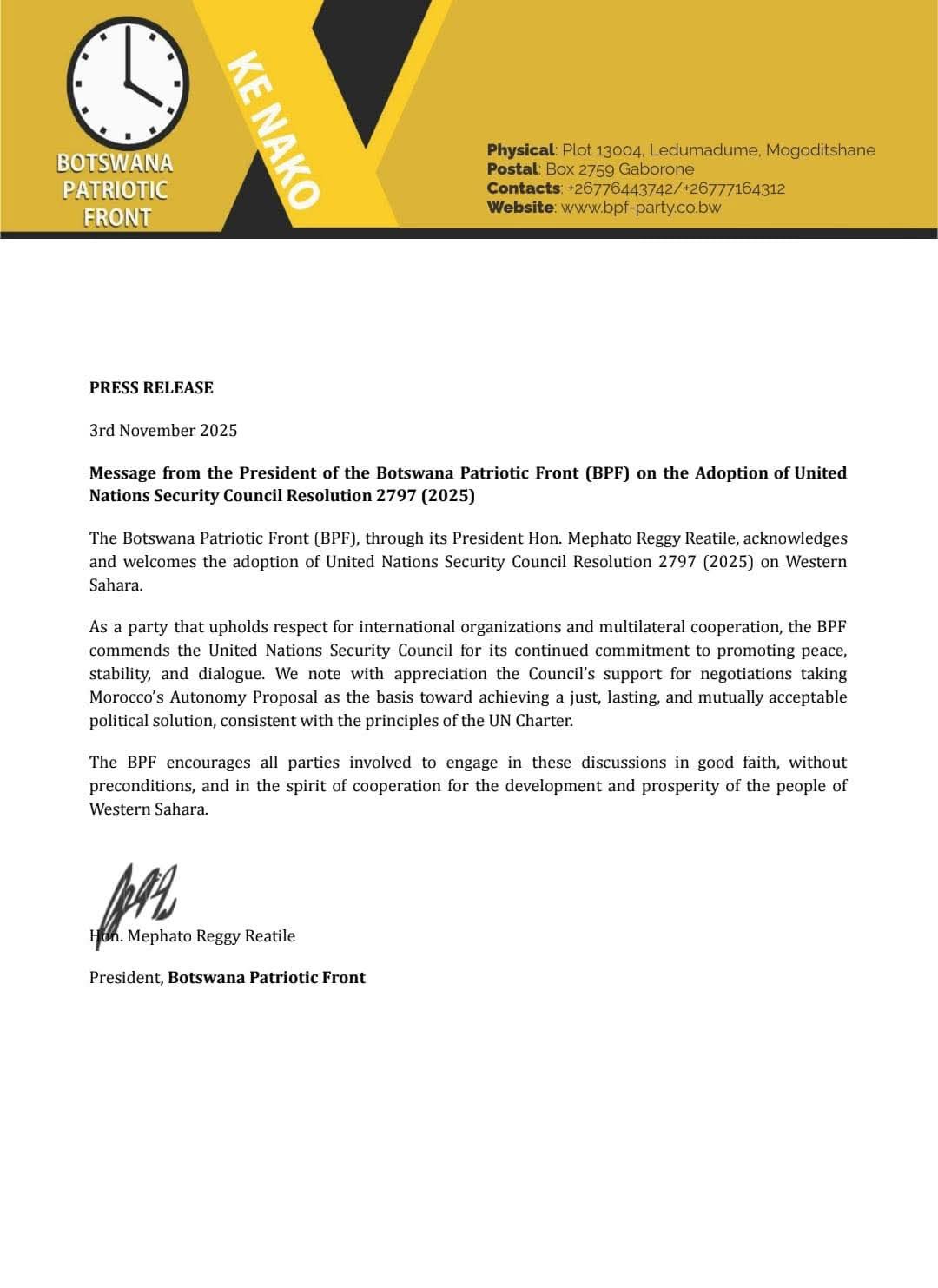 Le Parti du Front national du Botswana soutient l’initiative marocaine d’autonomie au Sahara 2 WhatsApp Image 2025 11 07 at 09.26.16